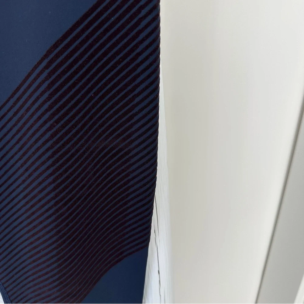GAP Fit Sculpt Compression Moto Leggings Blue with Burgandy/Brown Stripes